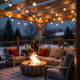 Terrasse cosy avec foyer et lumières suspendues