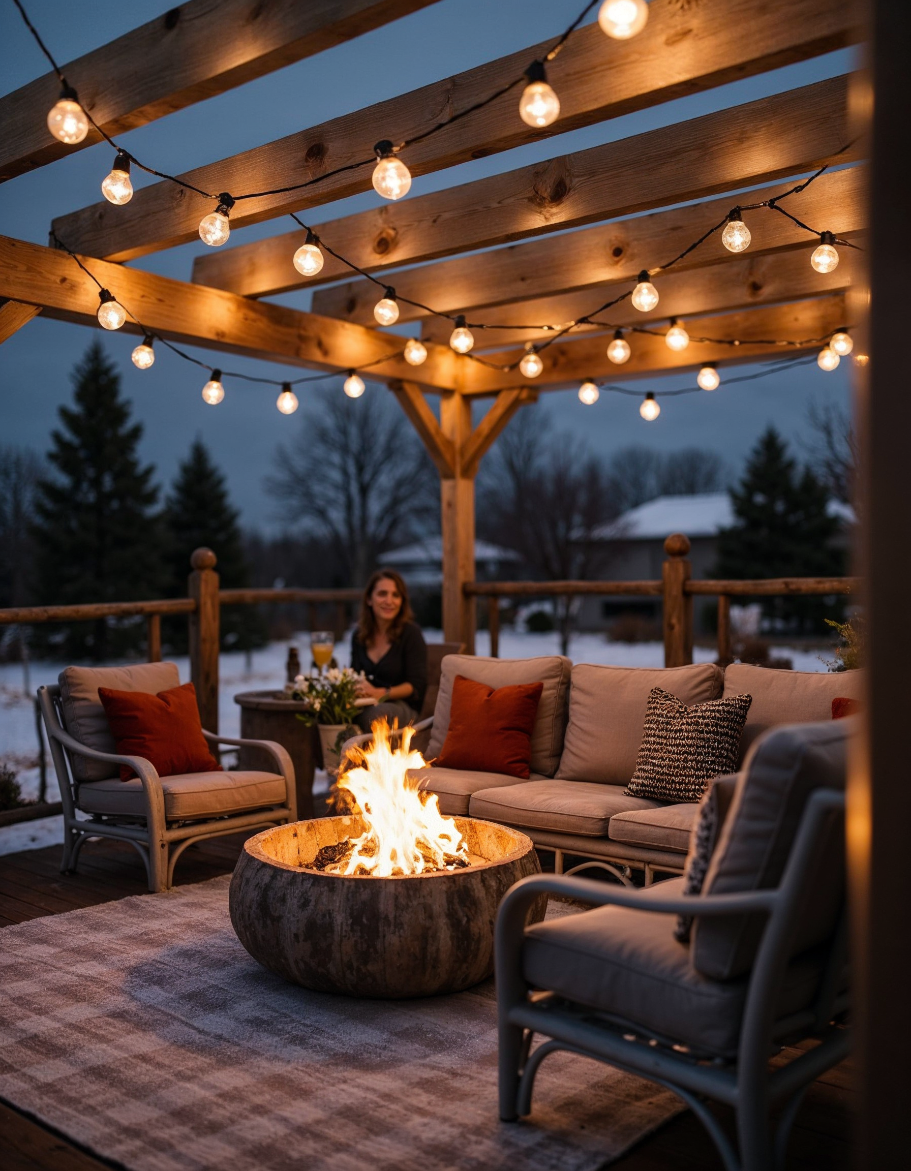 Terrasse cosy avec foyer et lumières suspendues