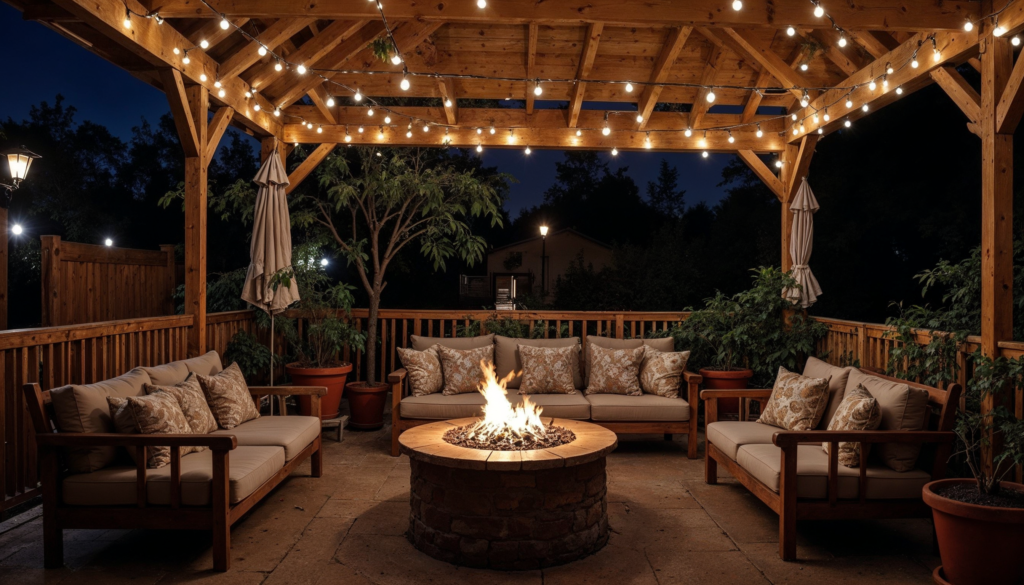 Terrasse en bois avec lumières et feu.