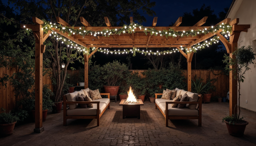 Terrasse avec pergola éclairée et foyer central.