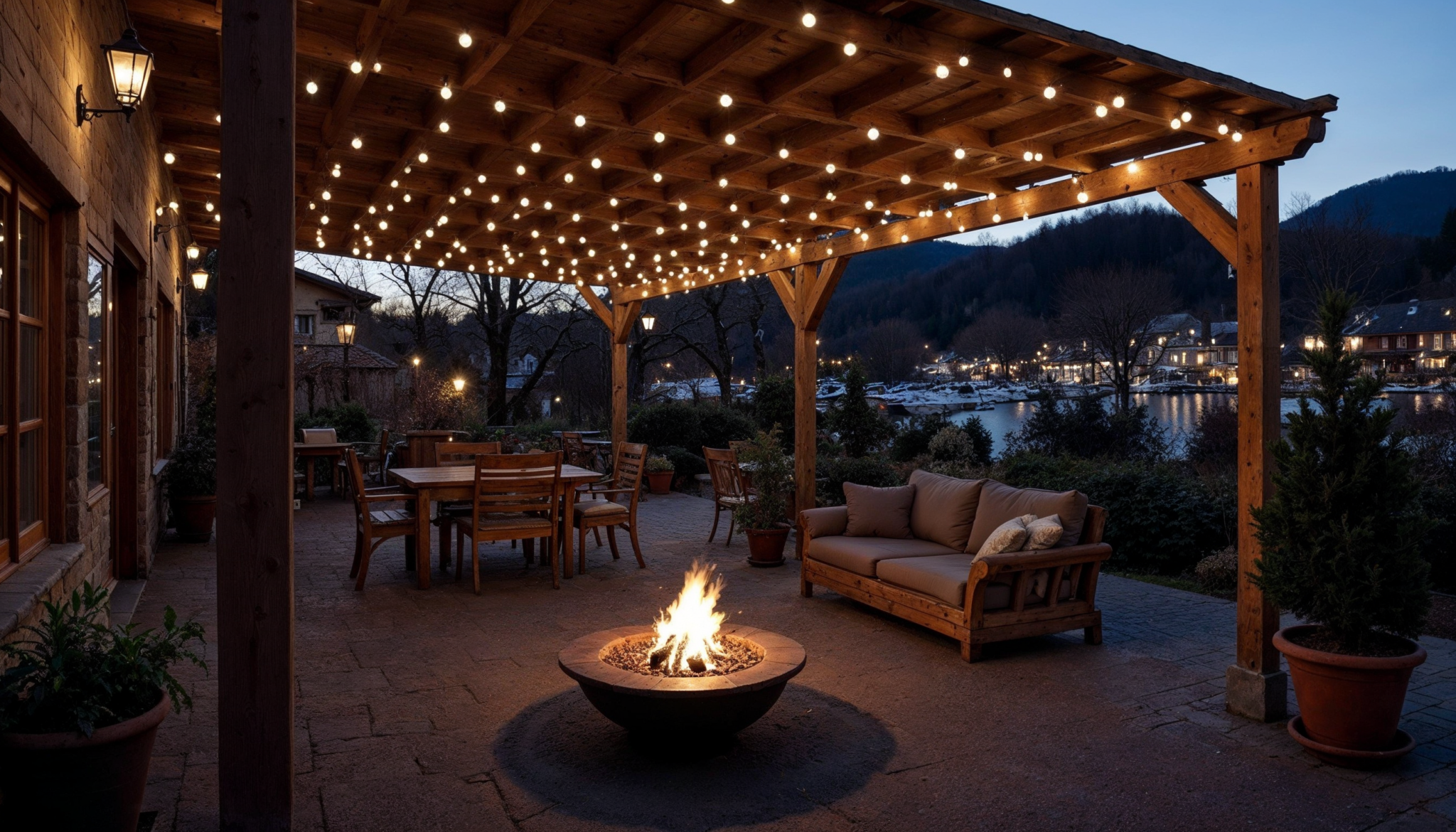 Terrasse bois éclairée, foyer extérieur au crépuscule.