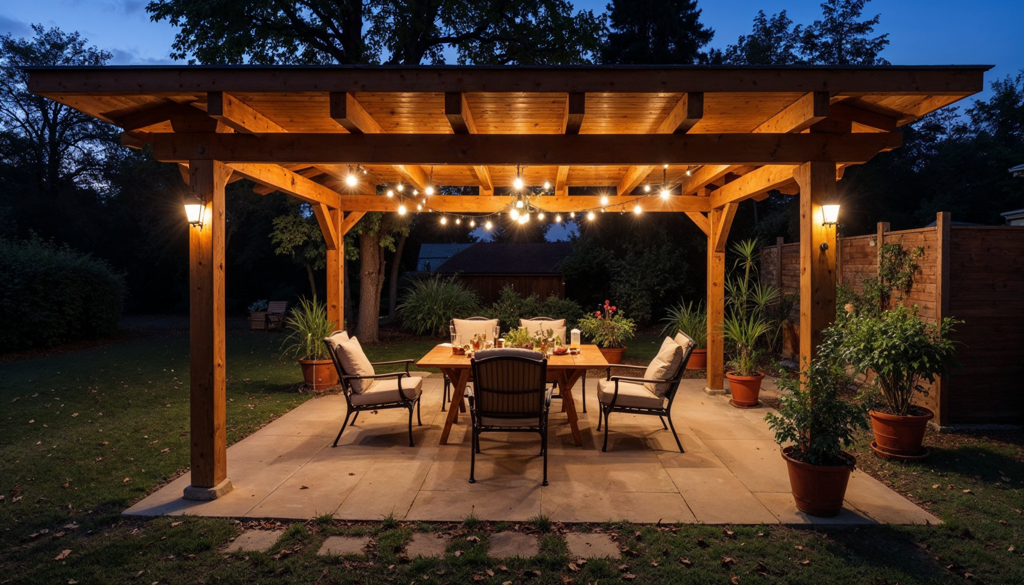 Pergola illuminée avec salon de jardin le soir.