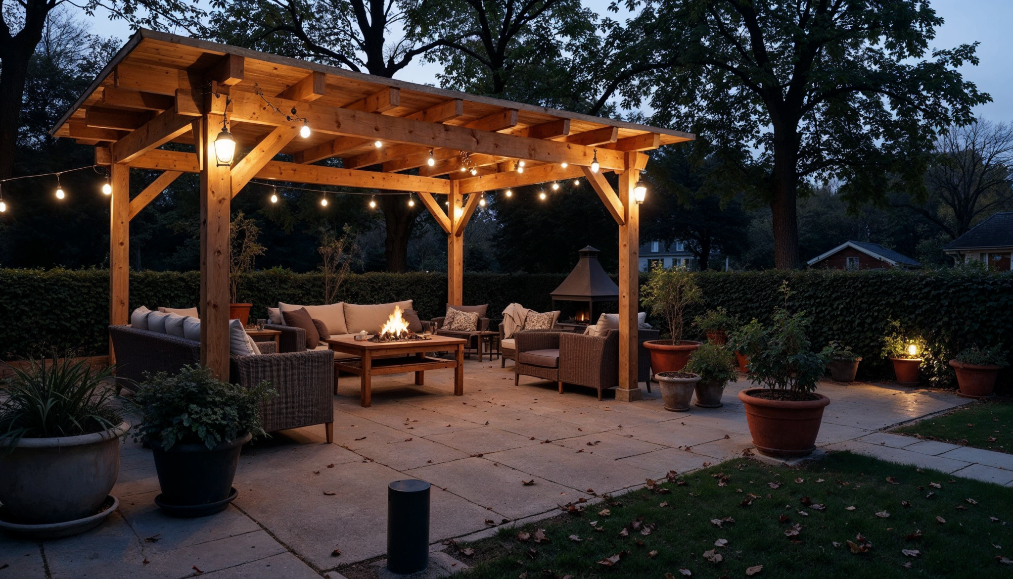 Terrasse éclairée avec pergola et feu, soirée paisible.