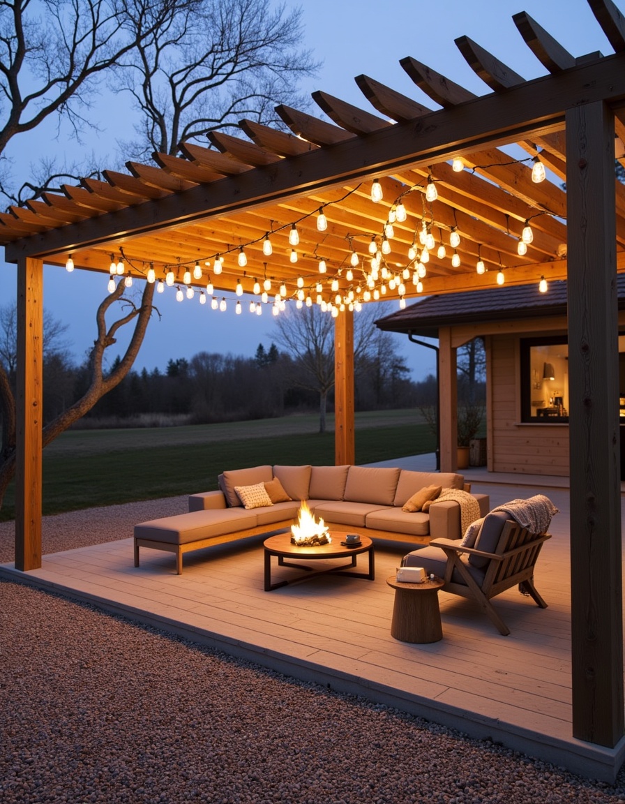 Terrasse éclairée, salon extérieur avec foyer.