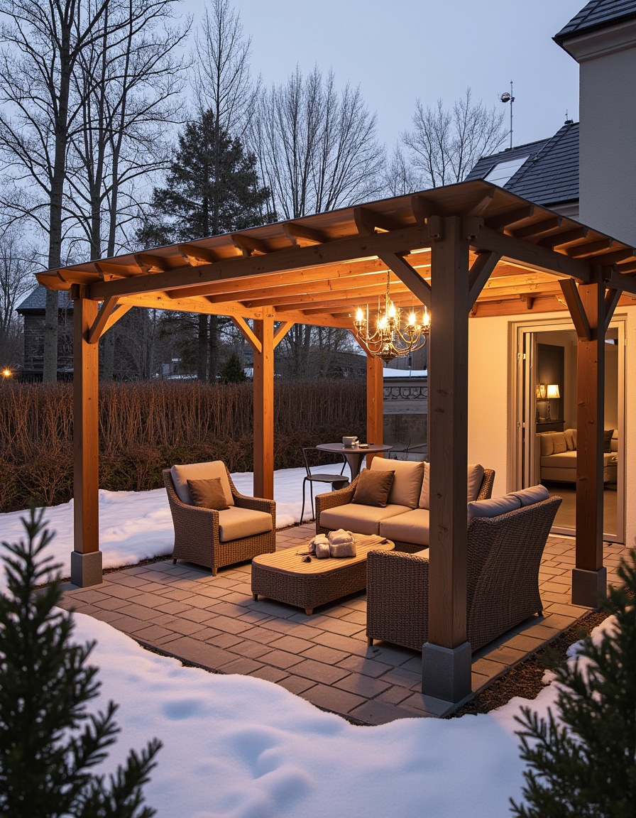 Pergola en bois avec mobilier de jardin enneigé.