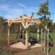 Pergola en bois dans un parc verdoyant.