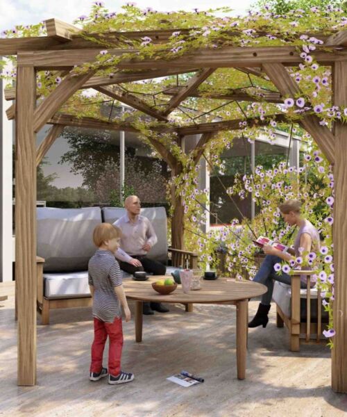 Famille profitant d'une terrasse avec pergola fleurie.